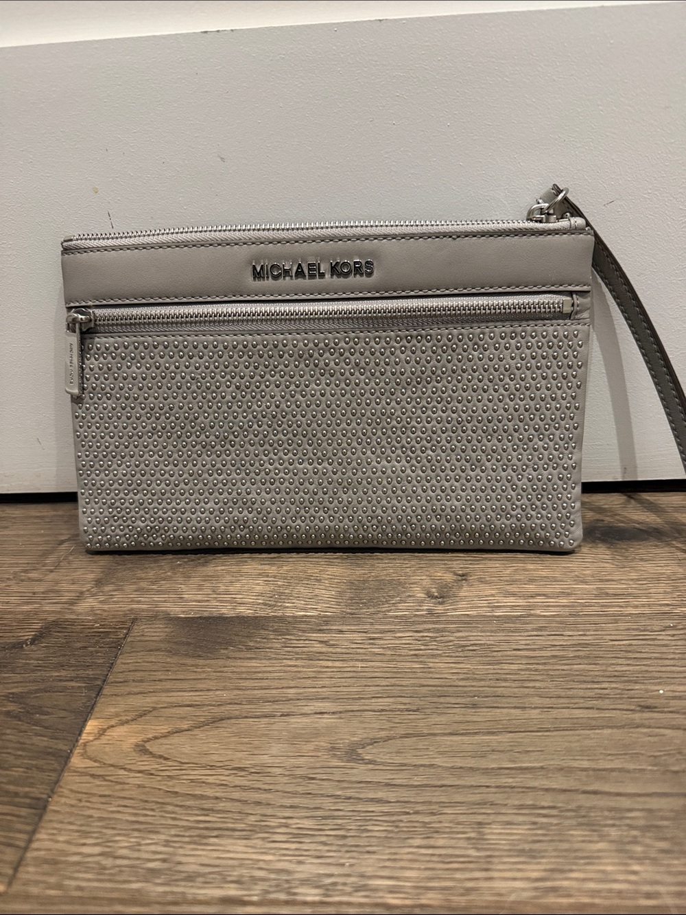 MICHAEL KORS Silver Gray Studded Leather Wristlet Clutch